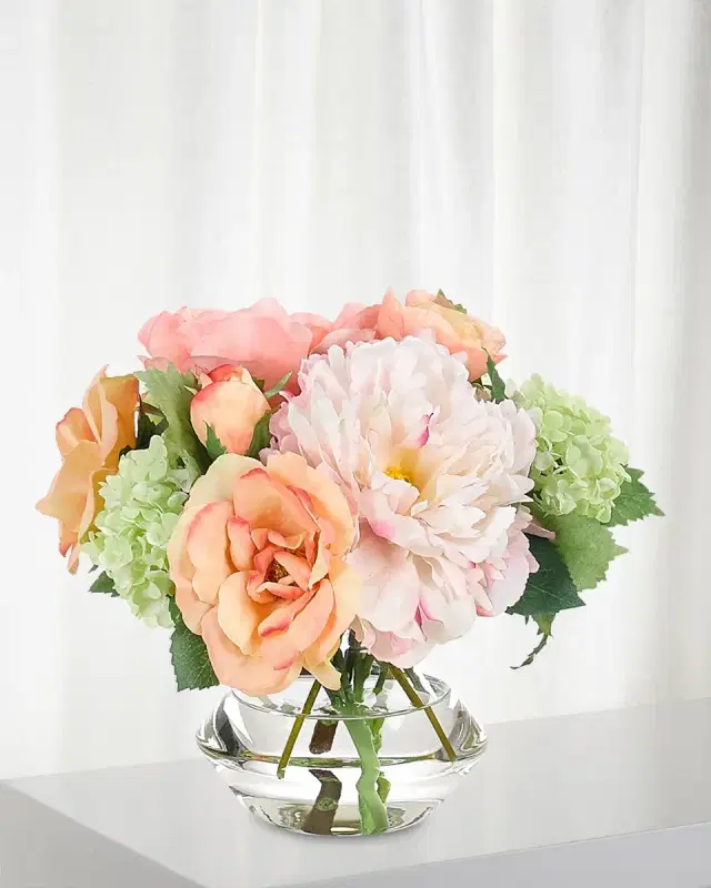 NDI Ranunculus Peony Faux-Floral Arrangement in Glass Vase, 9wx9dx8h