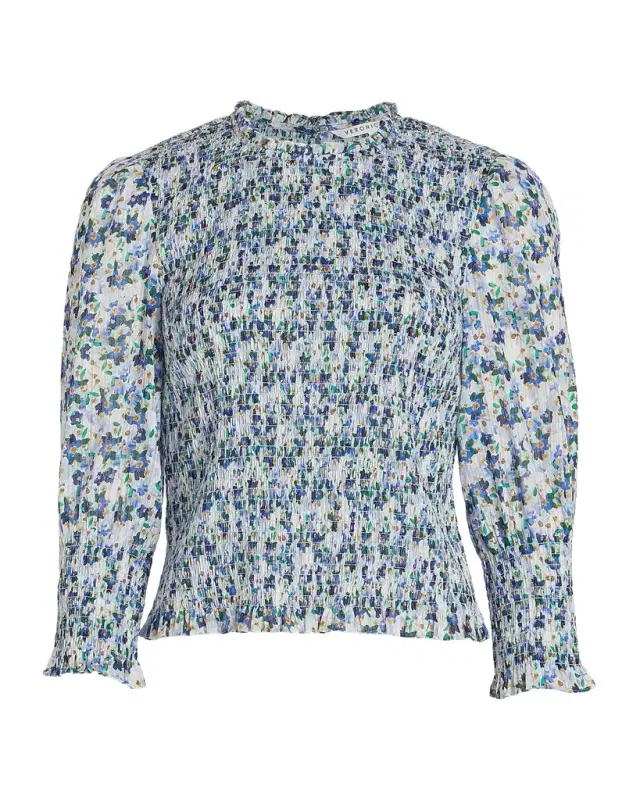 Veronica Beard Kali Floral Smocked Three-Quarter Sleeve Top