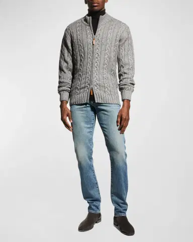 Neiman Marcus Men's Merino Wool-Cashmere Full-Zip Cable Sweater | Thumbnail 2 Neiman Marcus Men's Merino Wool-Cashmere Full-Zip Cable Sweater | Thumbnail 2