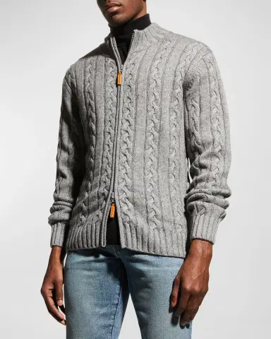 Neiman Marcus Men's Merino Wool-Cashmere Full-Zip Cable Sweater | Thumbnail 4 Neiman Marcus Men's Merino Wool-Cashmere Full-Zip Cable Sweater | Thumbnail 4