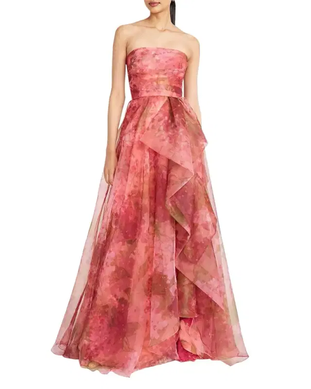 Theia Fahreta Strapless Floral-Print Ruffle Gown