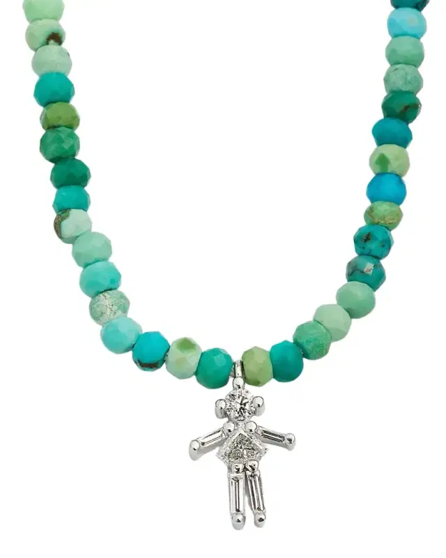 18K White Gold and Diamonds Girl Turquoise Beaded Necklace