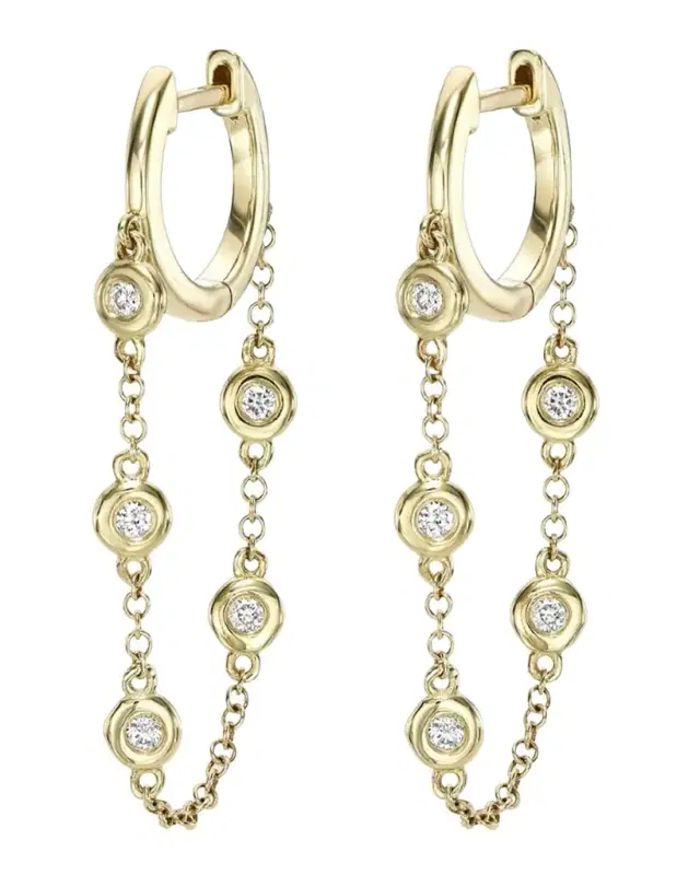 Gold Huggie Earrings with Bezel Chain
