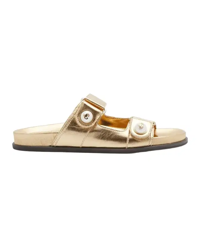Jimmy Choo Fayence Metallic Pearly-Button Slide Sandals