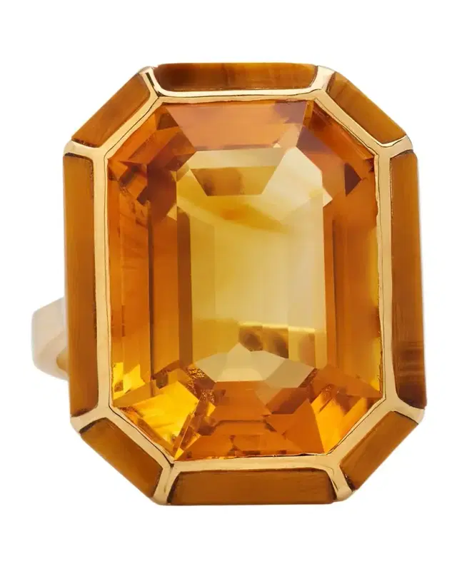 18K Yellow Gold Emerald-Cut Citrine Ring With Tiger Eye