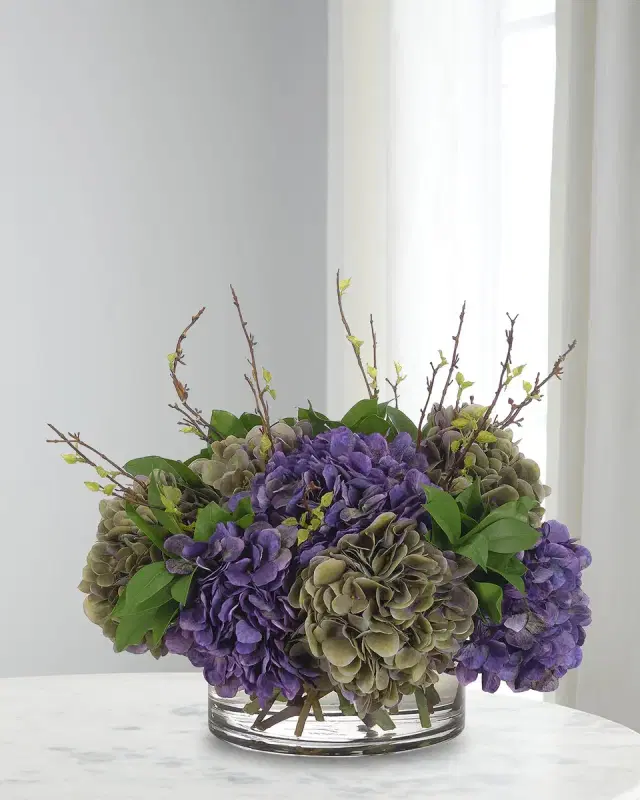 NDI Hydrangea 17" Faux Floral Arrangement in Glass Bowl