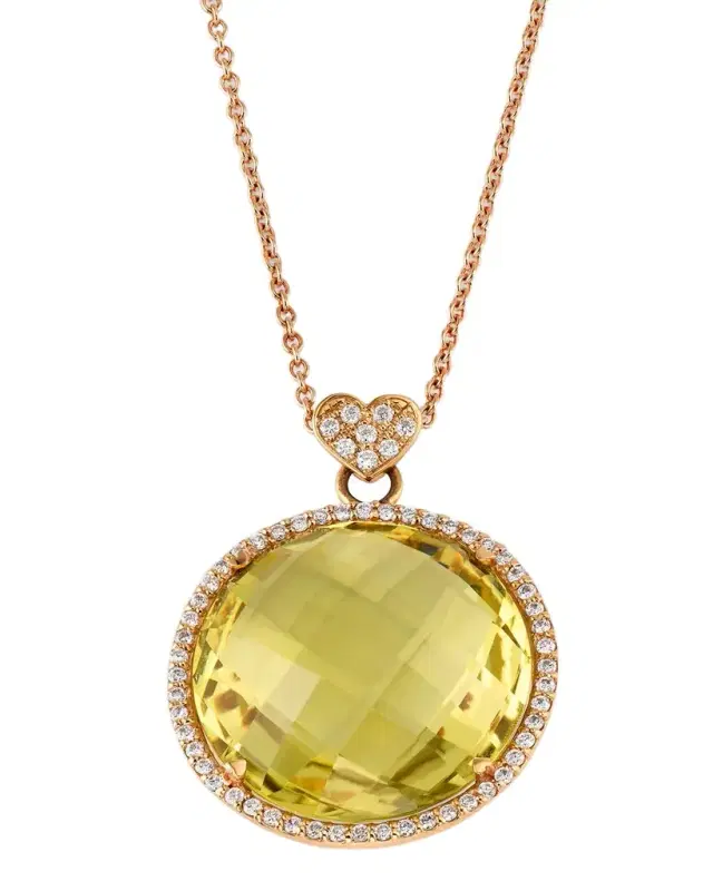 Rocks 18K Rose Gold Lemon Quartz Diamond Halo and Heart Bail Pendant Necklace
