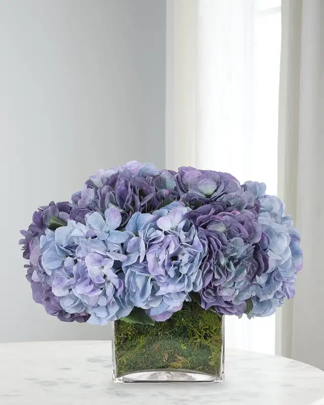 NDI Hydrangeas 14" Faux Floral Arrangement in Moss Garden Glass Cube