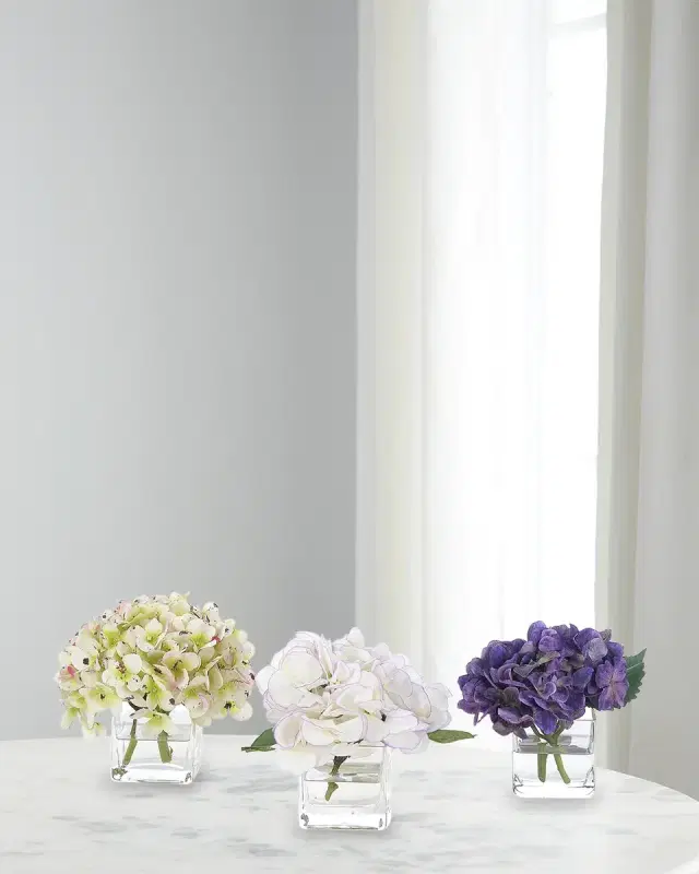 NDI Hydrangea 6" Faux Floral Arrangement in Glass Cube, Set of 3