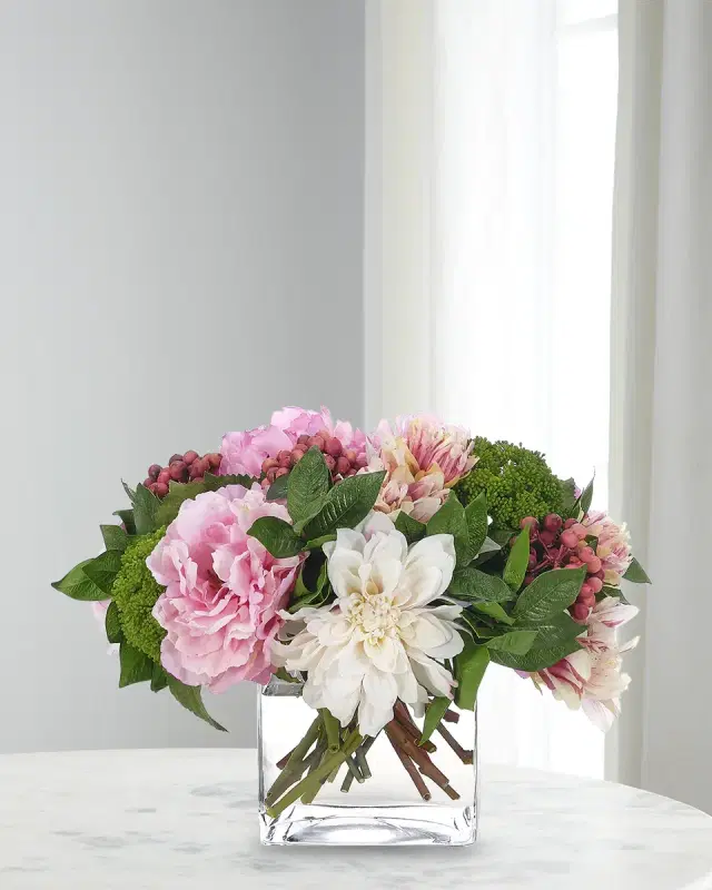 NDI Dahlia and Peony 12" Faux Floral Arrangement in Glass Cube