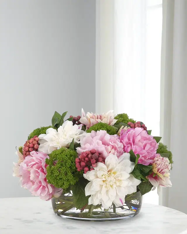 NDI Dahlia and Peony 10" Faux Floral Arrangement in Glass Bowl