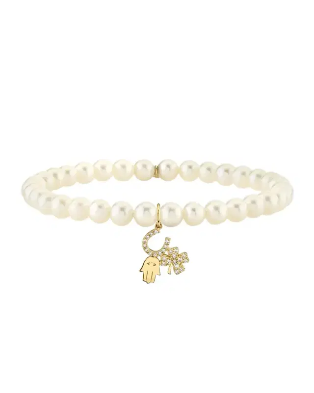 14K Diamond Luck and Protection Pearl Stretch Bracelet