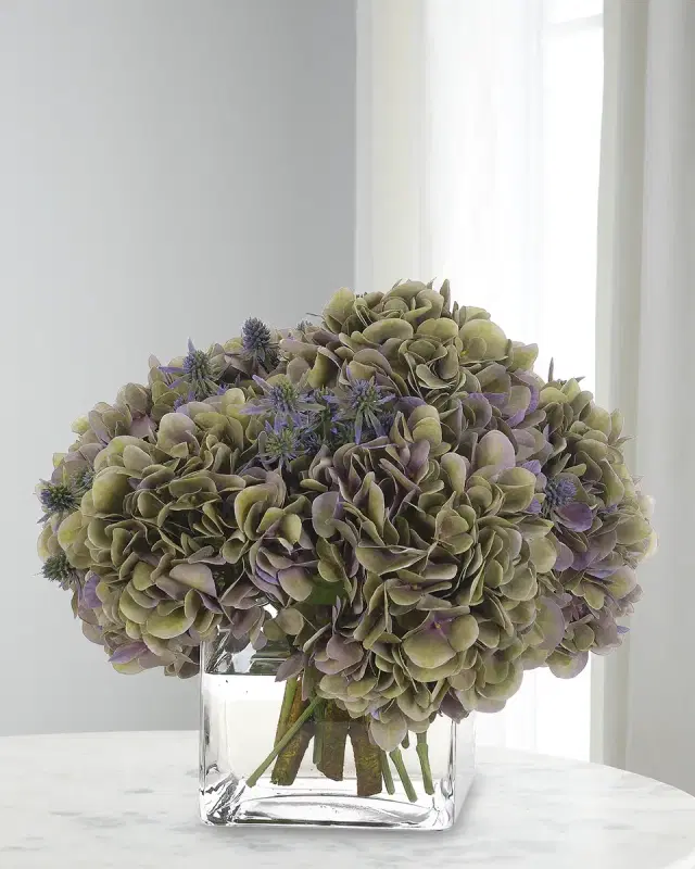 NDI Hydrangeas 14" Faux Floral Arrangement in Glass Cube