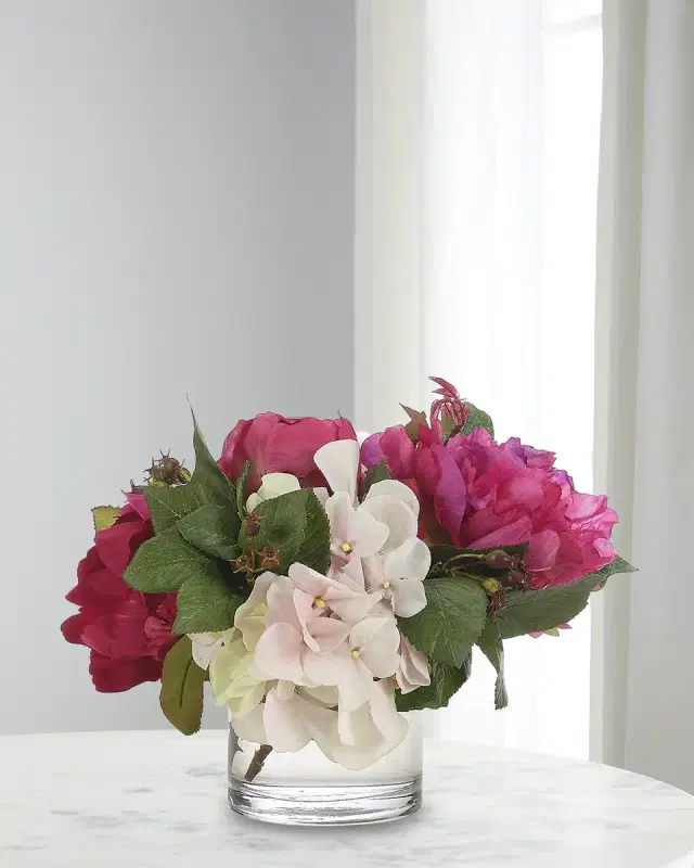 NDI Peony and Hydrangea 8" Faux Floral Arrangement in Glass Cylinder, Set of 2