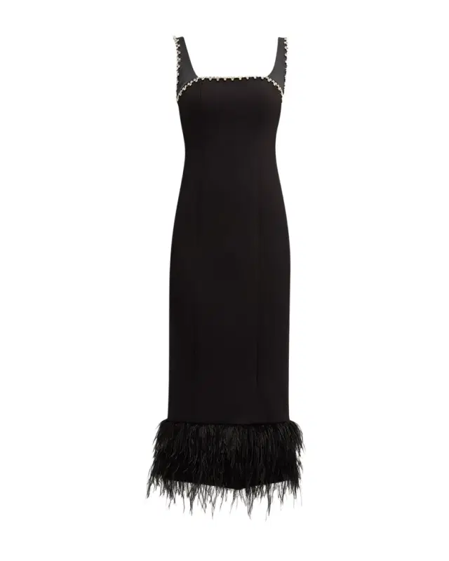 Georgie Rhinestone-Trim Sleeveless Feather-Hem Midi Dress