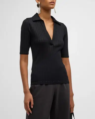 Vince Elbow-Sleeve Silk Rib Polo Shirt | Thumbnail 4
