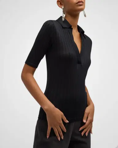 Vince Elbow-Sleeve Silk Rib Polo Shirt | Thumbnail 8