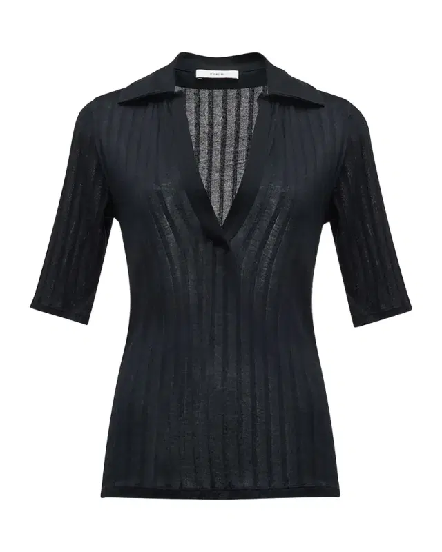 Vince Elbow-Sleeve Silk Rib Polo Shirt