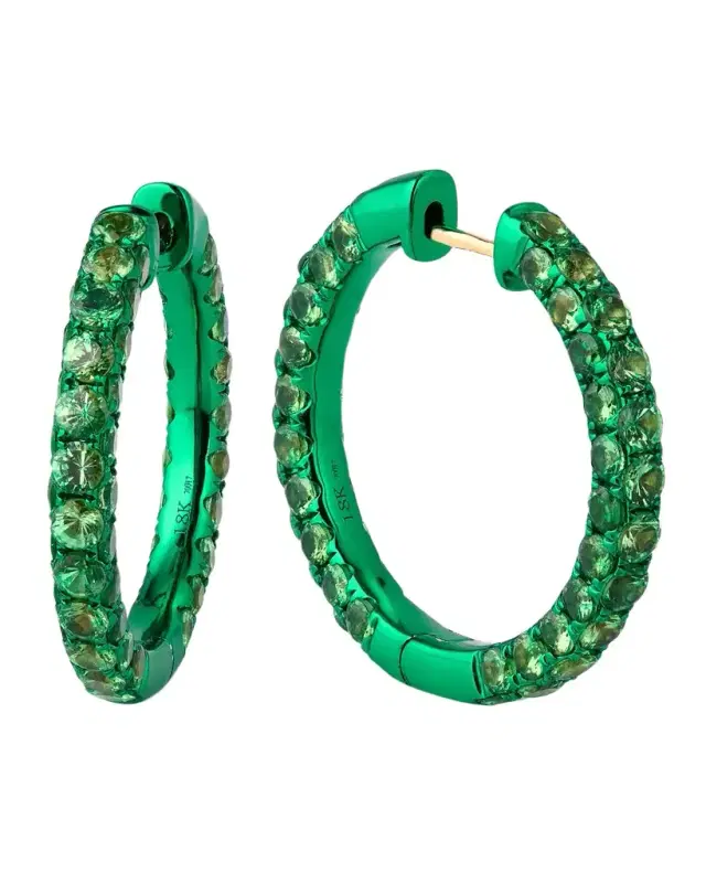 3-Sided Tsavorite and Rhodium Hoop Earrings
