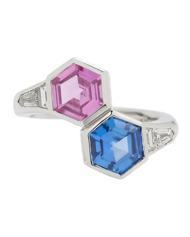 Platinum Pink and Blue Sapphire Ring with F/VVS1-VS Diamonds, Size 7