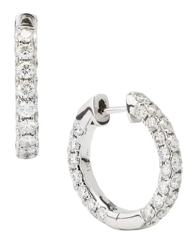 18k White Gold 3-Side Diamond Hoop Earrings