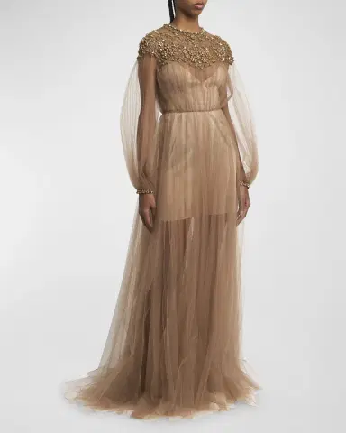 Valentino Garavani Crystal Embroidered Lace Long-Sleeve Pleated Tulle Gown | Thumbnail 3 Valentino Garavani Crystal Embroidered Lace Long-Sleeve Pleated Tulle Gown | Thumbnail 3