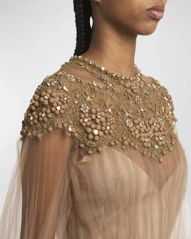 Valentino Garavani Crystal Embroidered Lace Long-Sleeve Pleated Tulle Gown | Thumbnail 5 Valentino Garavani Crystal Embroidered Lace Long-Sleeve Pleated Tulle Gown | Thumbnail 5