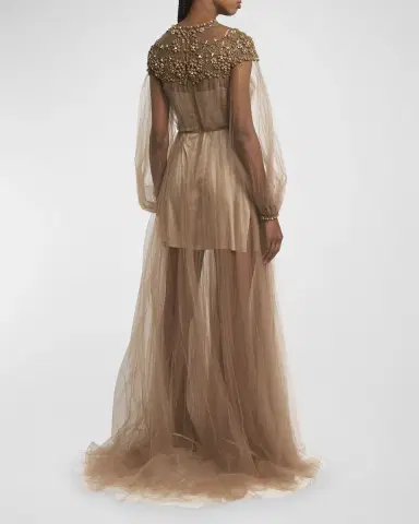 Valentino Garavani Crystal Embroidered Lace Long-Sleeve Pleated Tulle Gown | Thumbnail 6 Valentino Garavani Crystal Embroidered Lace Long-Sleeve Pleated Tulle Gown | Thumbnail 6