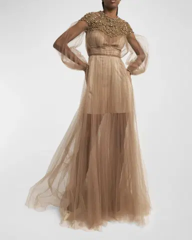 Valentino Garavani Crystal Embroidered Lace Long-Sleeve Pleated Tulle Gown | Thumbnail 7 Valentino Garavani Crystal Embroidered Lace Long-Sleeve Pleated Tulle Gown | Thumbnail 7