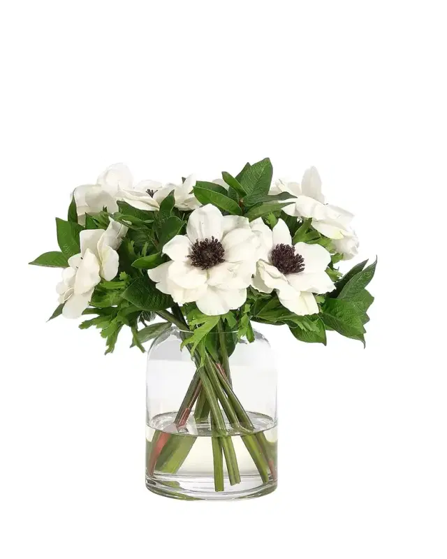 NDI White Anemones 12" Faux Floral Arrangement in Glass Cylinder