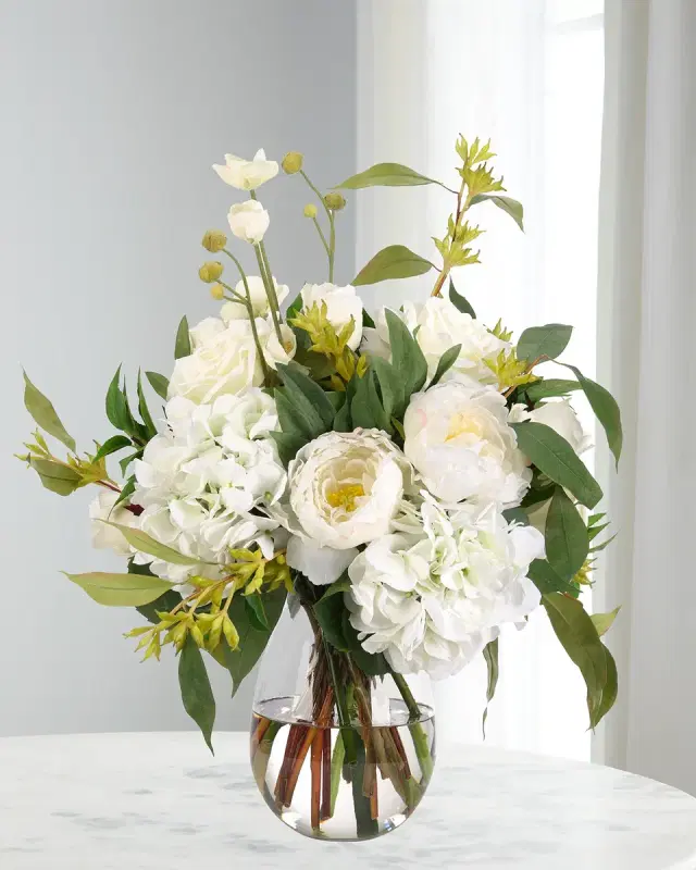 NDI White Hydrangeas & Roses 24" Faux Floral Arrangement in Glass Vase