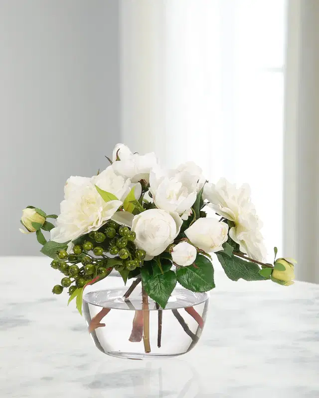 NDI Dahlias & Roses 13" Faux Floral Arrangement in Glass Vase