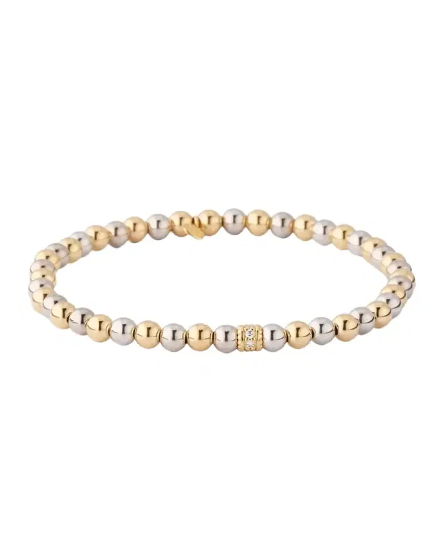 Diamond Pavé Rondelle on Two-Tone Gold Bead Bracelet