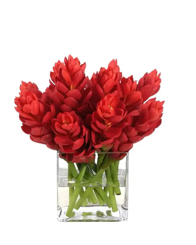 NDI Red Ginger 14" Faux Floral Arrangement in Glass Cube