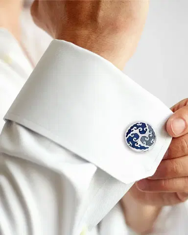 Link Up Men 's Round Blue Wave Cufflinks | Thumbnail 2