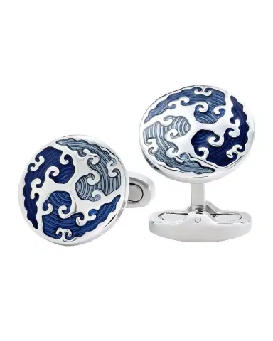 Link Up Men 's Round Blue Wave Cufflinks | Thumbnail 1
