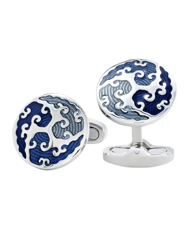 Men 's Round Blue Wave Cufflinks