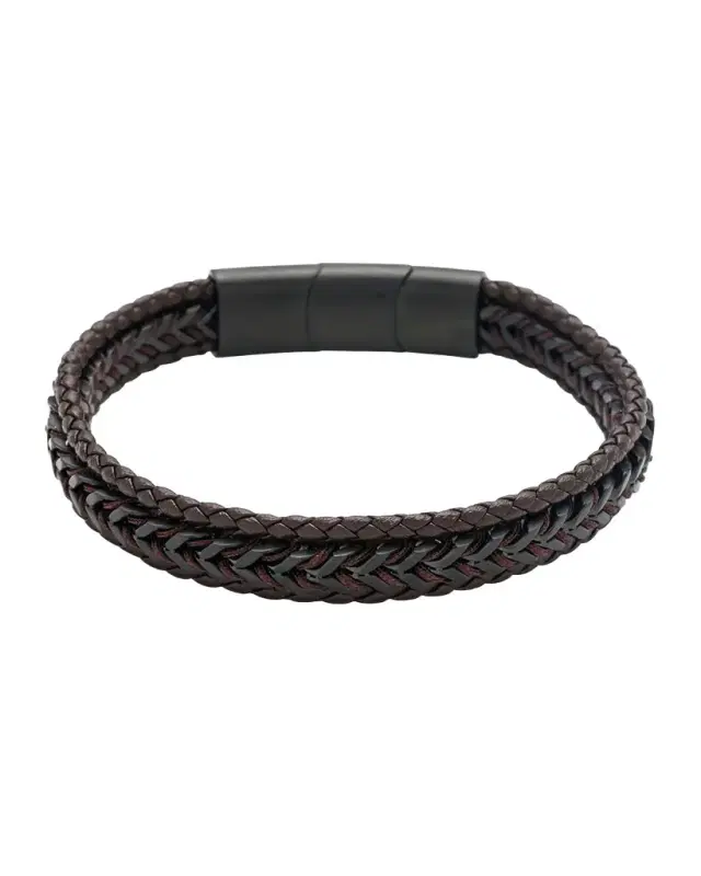 Men 's Woven Leather and Stainless Steel Bracelet