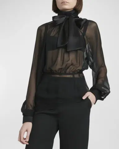 Dolce & Gabbana Satin Neck-Bow Long-Sleeve Chiffon Top | Thumbnail 4 Dolce & Gabbana Satin Neck-Bow Long-Sleeve Chiffon Top | Thumbnail 4