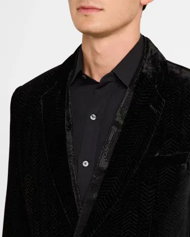 Giorgio Armani Men's Velvet Fishbone-Print Dinner Jacket | Thumbnail 5 Giorgio Armani Men's Velvet Fishbone-Print Dinner Jacket | Thumbnail 5