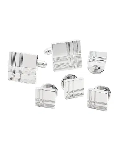 Link Up Men 's Square Silvertone Plaid Cufflink Stud Set | Thumbnail 1