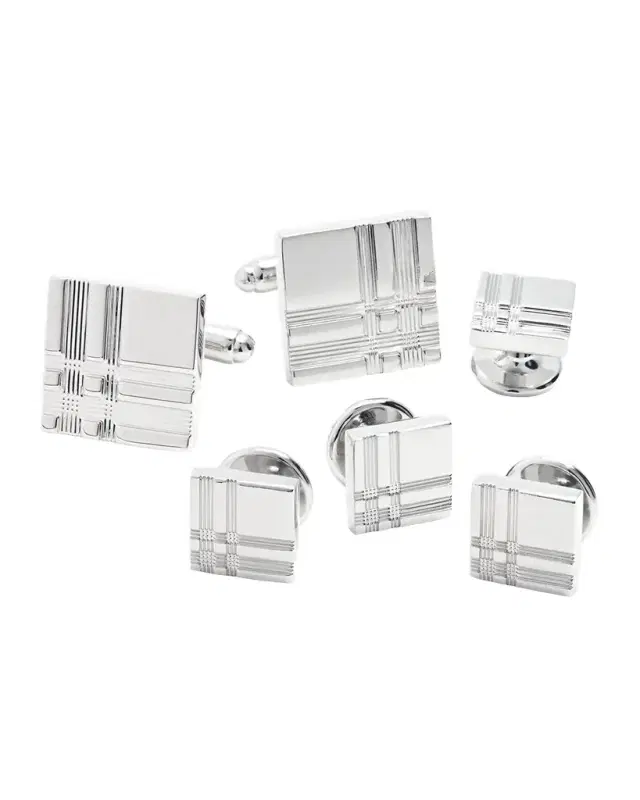 Men 's Square Silvertone Plaid Cufflink Stud Set