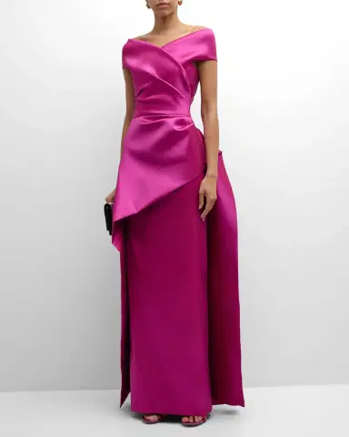 Rickie Freeman for Teri Jon Pleated Off-Shoulder Peplum Gown | Thumbnail 2