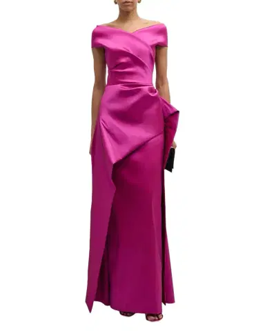 Rickie Freeman for Teri Jon Pleated Off-Shoulder Peplum Gown | Thumbnail 1