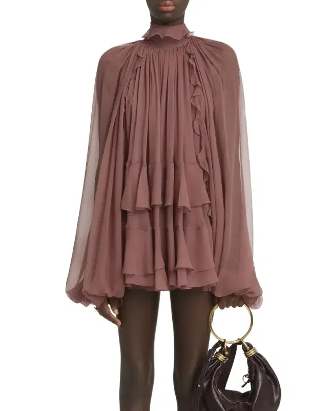 Tiered Ruffle Silk Mousseline Mini Dress