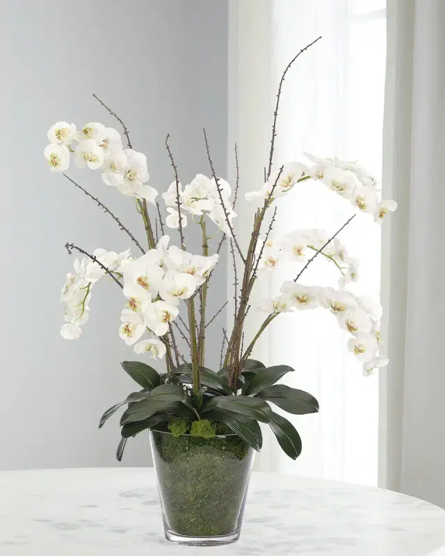NDI White Phalaenopsis Orchids 44" Faux Floral Arrangement in a Moss Glass Vase