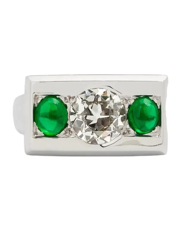 Estate 14k White Gold Diamond and Emerald Ring, Size 5.25