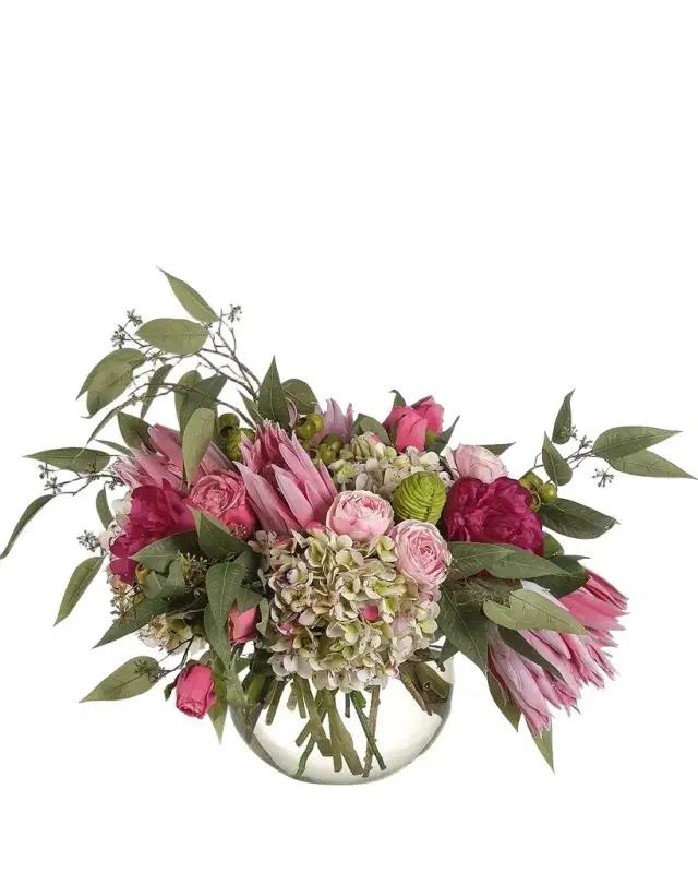 NDI Proteas & Hydrangeas 27" Faux Floral Arrangement in a Glass Bubble