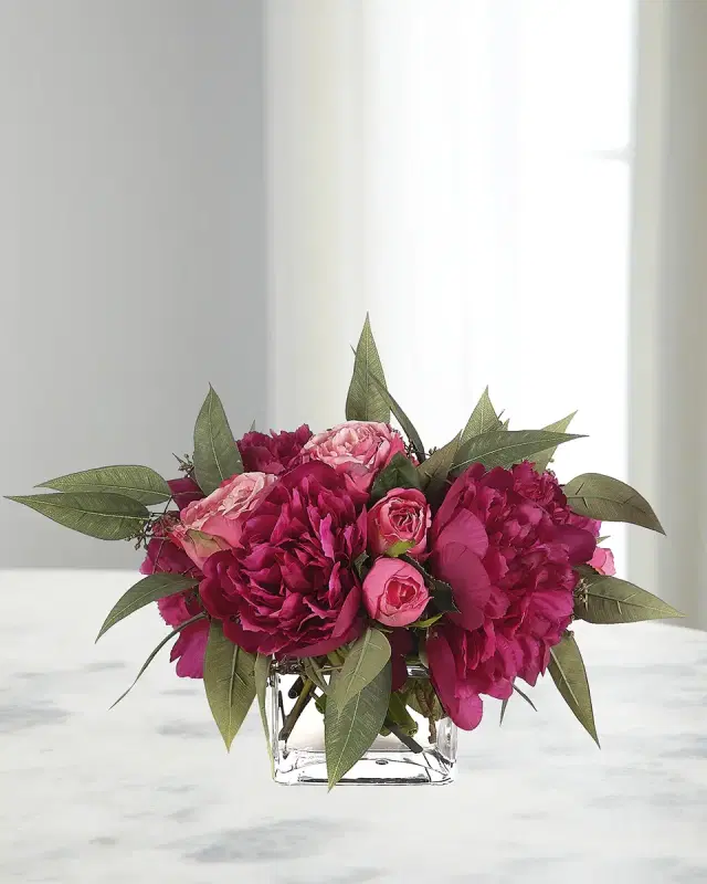 NDI Peonies & Roses 15" Faux Floral Arrangement in a Glass Cube