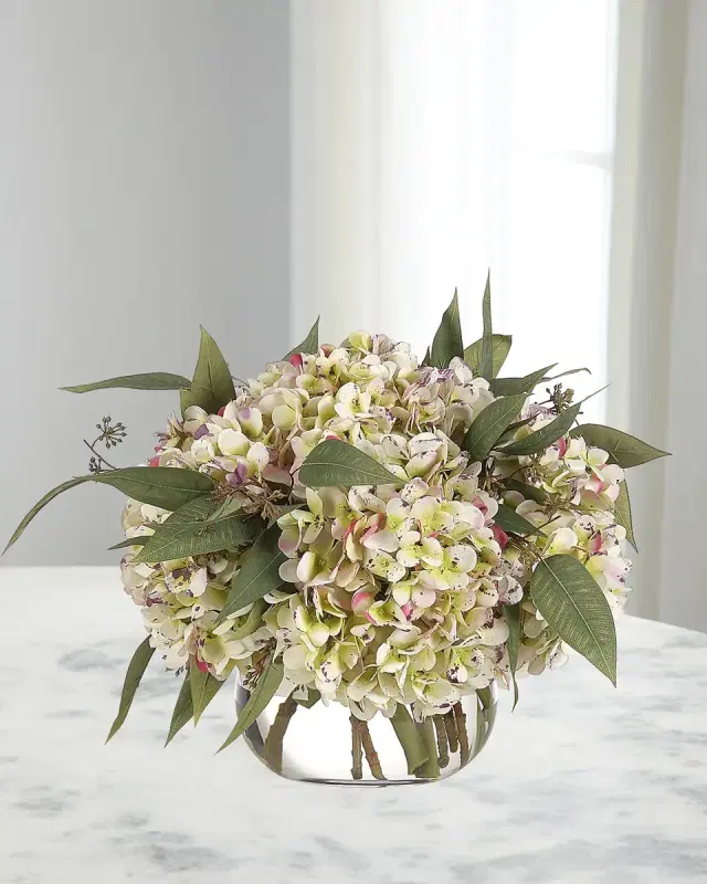 NDI Hydrangeas 12" Faux Floral Arrangement in a Glass Vase